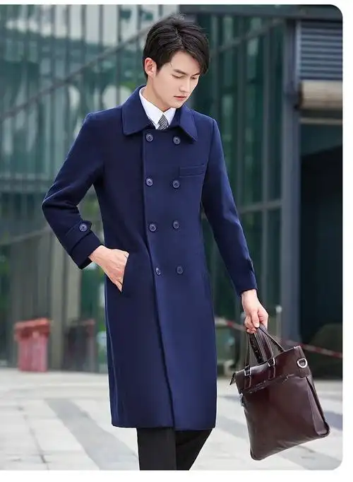 酒店房地产蓝色呢子大衣男款冬季时尚气质感长款加厚职业双排扣毛呢