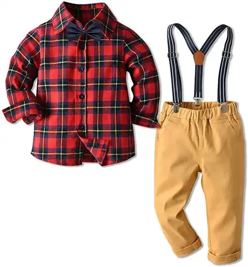 男孩衣服套装 儿童绅士服装 蝴蝶结领带衬衫   背带 牛仔裤套装 4