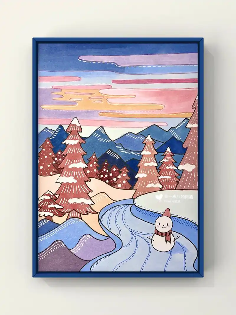 马克笔手绘|原创治愈系风景装饰画|附过程 原创小画《雪景松林》 今年