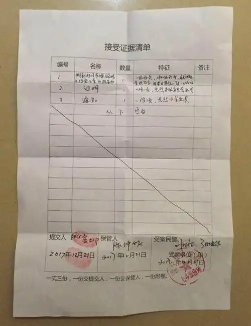 2017年12月21日,宁德市周宁县七步镇七步派出所出具的接受证据清单