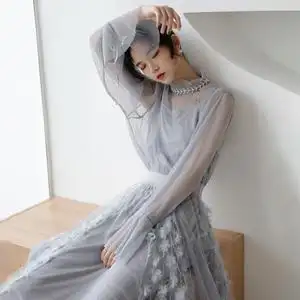 凤鸾坊仙气超仙女甜美森女纱裙雾霾蓝法式大众复古网纱套装连衣裙