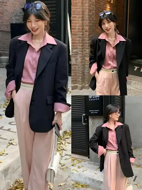 7,黑色西装 粉色衬衫 粉色休闲裤