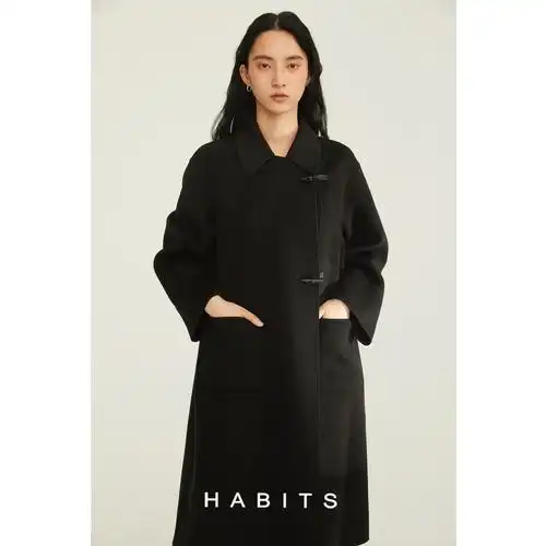 habits 羊绒羊毛双面呢 黑色翻领中长款牛角扣经典大衣外套 实付1258