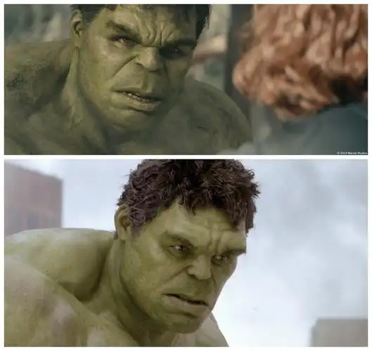 版的绿巨人,肌肤有更接近真实的光影透射和反射效果;即使是类似表情