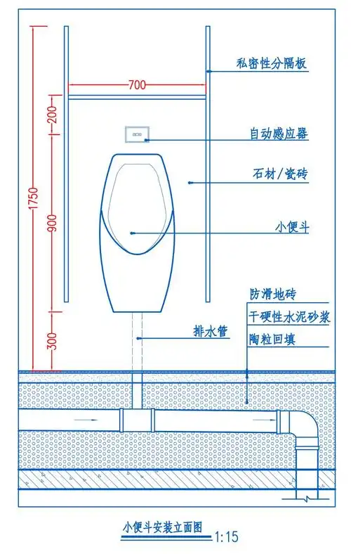 2,小便斗的高度应适中,成人小便器安装高度宜为小便器开口点心离地600