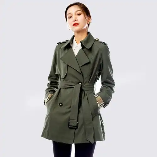 系带收腰短款春秋风衣女双排扣翻领英伦风军绿色棉宽松工装外套