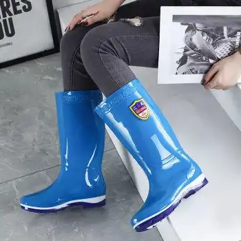 穿高筒水靴女士雨靴加绒加厚长筒水鞋防水防滑 558高筒-蓝色【无绒】