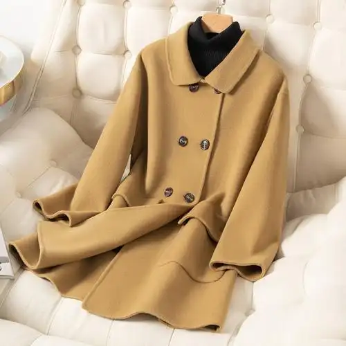 2023秋冬季新款羊毛大衣气质女宽松双排扣中长款式娃娃领呢子大衣