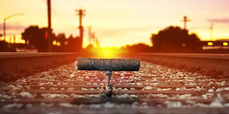 励志正能量橙黄色 场景怀旧 蚂蚁与铁路 企业文化 展板 背景担当的