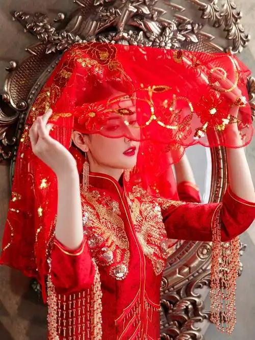 红盖头新娘头纱古风结婚中式秀禾蒙头半透明刺绣头纱