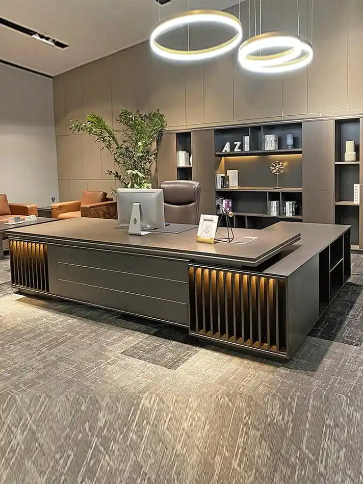 办公桌老板桌简约现代总裁桌办公室轻奢经理主管桌椅带led灯