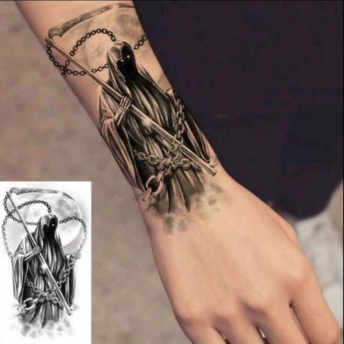 法兰加纹身贴冷酷骷髅头月下死神纹身贴防水男女持久花臂暗黑手臂胸口