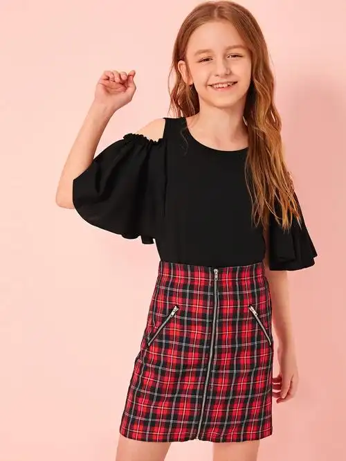 girls cold shoulder top & zip up plaid skirt set