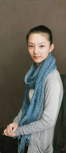 《蓝围巾女孩》布面油画 105cm×45cm