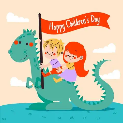 可爱儿童节骑恐龙的男孩女孩矢量素材