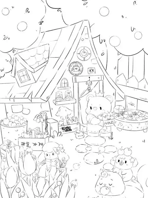 场景线稿|可爱治愈系插画|一起采集小苹果呀_线稿_插画_治愈系_绘画