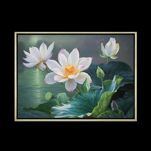 新中式纯手绘油画玄关装饰画美式花卉挂画现代餐厅走廊壁画荷花图