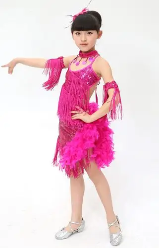 新款儿童拉丁舞裙 少儿拉丁舞蹈演出服装 流苏亮片羽毛表演服