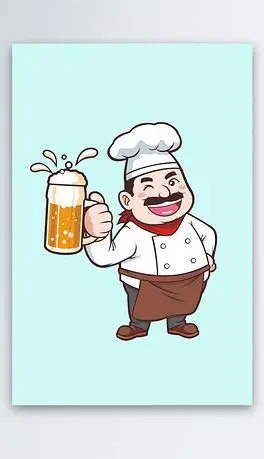 2002年餐饮卡通中年男厨师喝啤酒