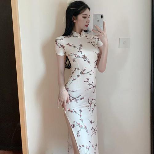 夏季女印花短袖高开叉日常工作服俩用旗袍修身改良长款气质连衣裙