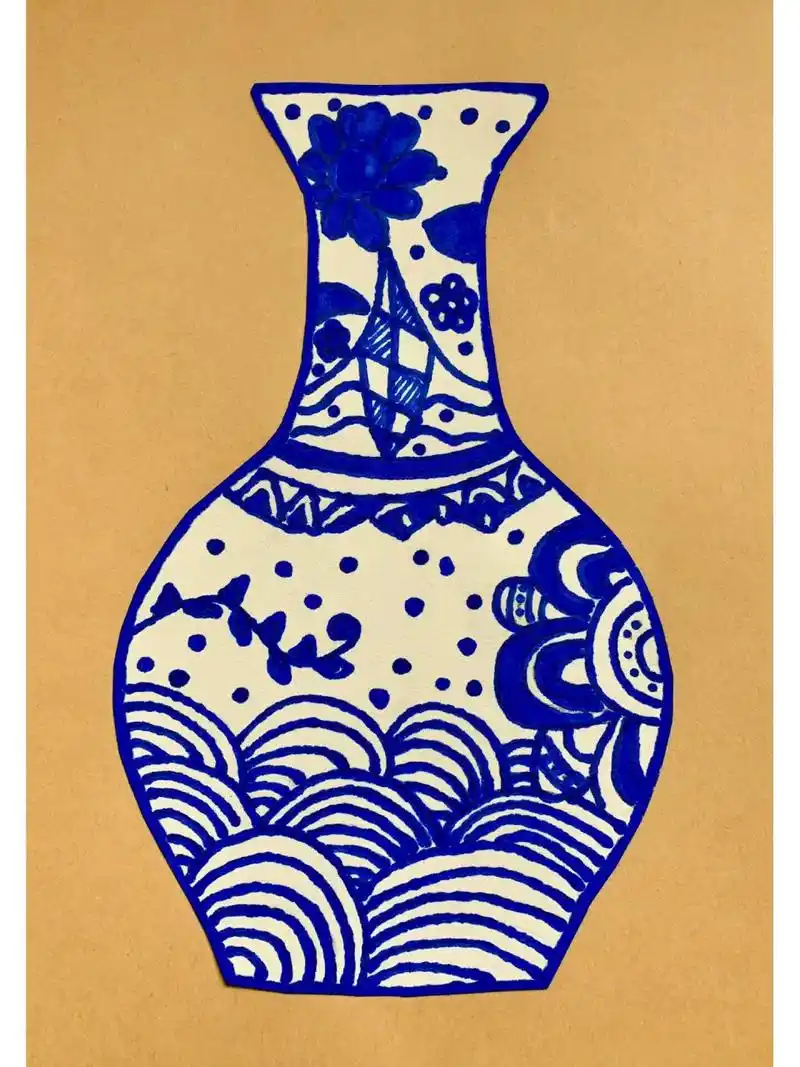青花瓷创意儿童画花瓶,小学生作品  小学三年级,四年级的绘画作品