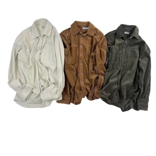 简约港风 秋季灯芯绒翻领男士长袖衬衣 潮流咔叽双口袋工装衬衫