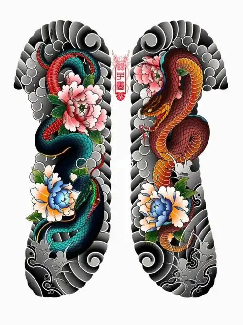 老传统  #蛇纹身  #猛蛇盘牡丹  #开衫纹身  #原创纹身手稿  #纹身