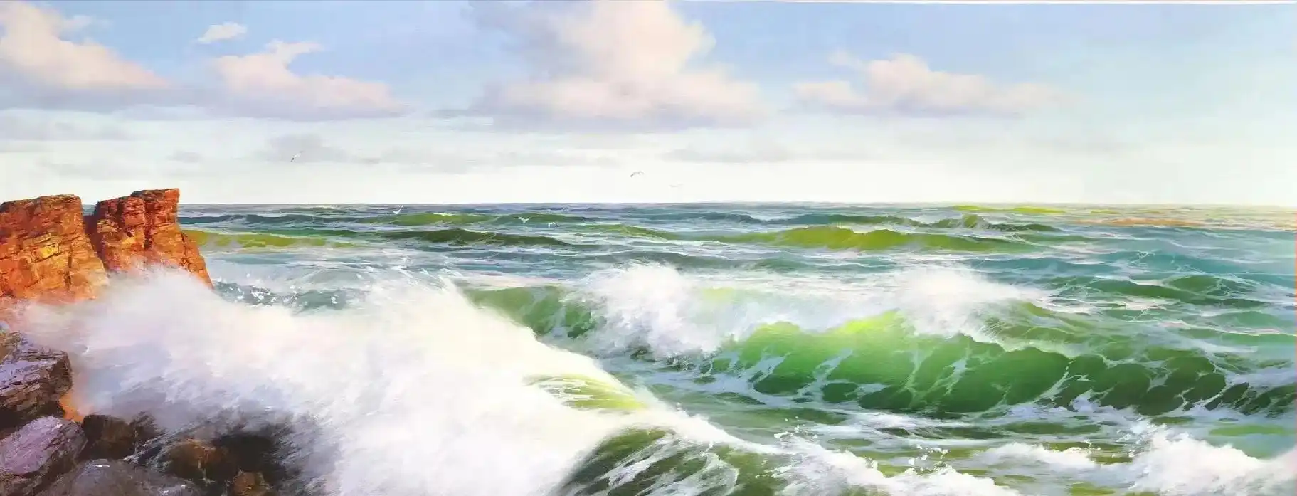 手绘巨幅海景油画 - 抖音