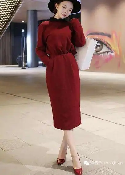 提升气质,变职场丽人,经典流行的酒红色长裙,搭配同色系的皮高跟鞋