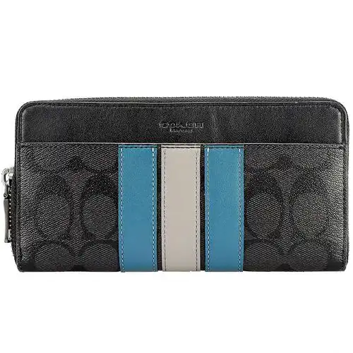 coach蔻驰男长款钱包男士灰黑蓝条pvc长款礼盒装钱包钱夹