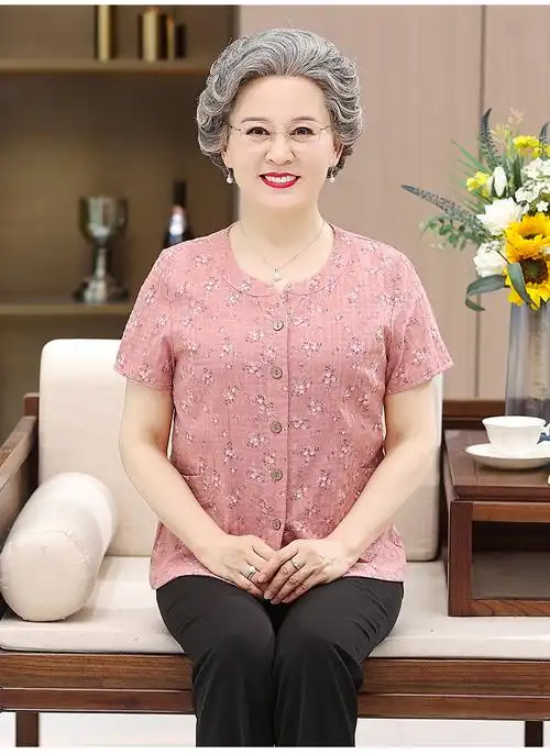 女衬衫奶奶装短袖t恤老人妈妈衣服太太薄款粉色单件上衣l建议7595斤