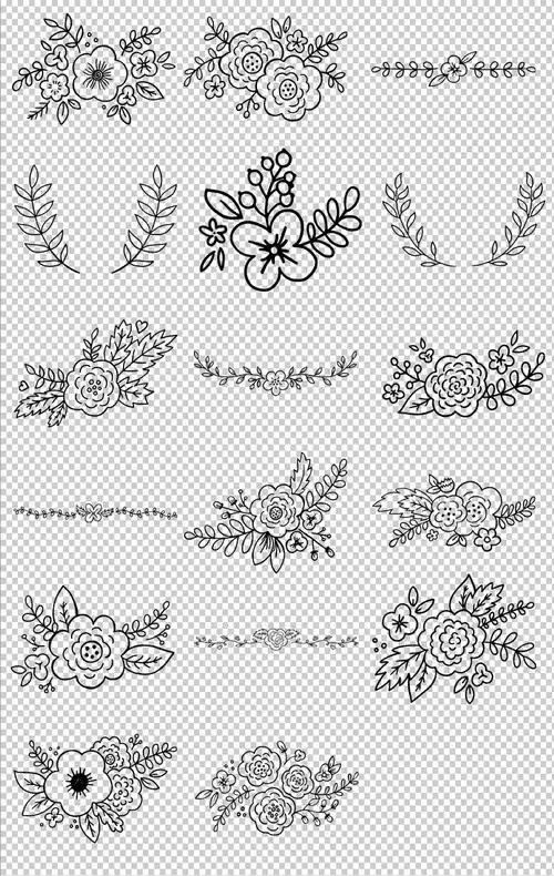 手绘花黑白线条图png素材
