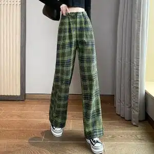 格子裤子今年流行秋冬2021新款绿色休闲阔腿拖地冬季女裤格格直筒