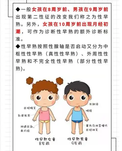 月经来潮等, 男孩第二性征提前出现:睾丸增大,阴茎增大,阴毛腋毛生长