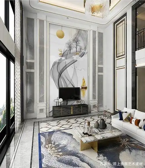 12个石材岩板瓷砖复式别墅挑空电视背景墙设计方案