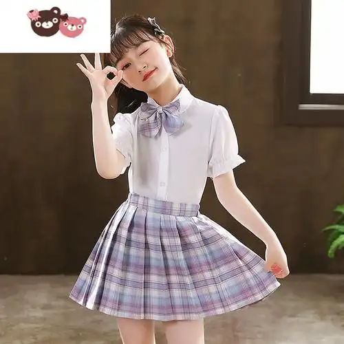 绿彩虹光女童jk制服裙子夏季小学生短袖儿童夏装学院风套装校服格子