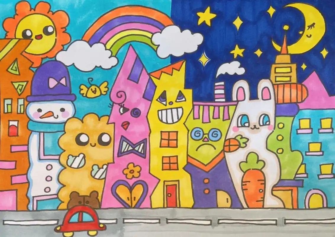 房子家族楼房建筑太阳月亮儿创儿童画简笔画 快乐房子家族 课效