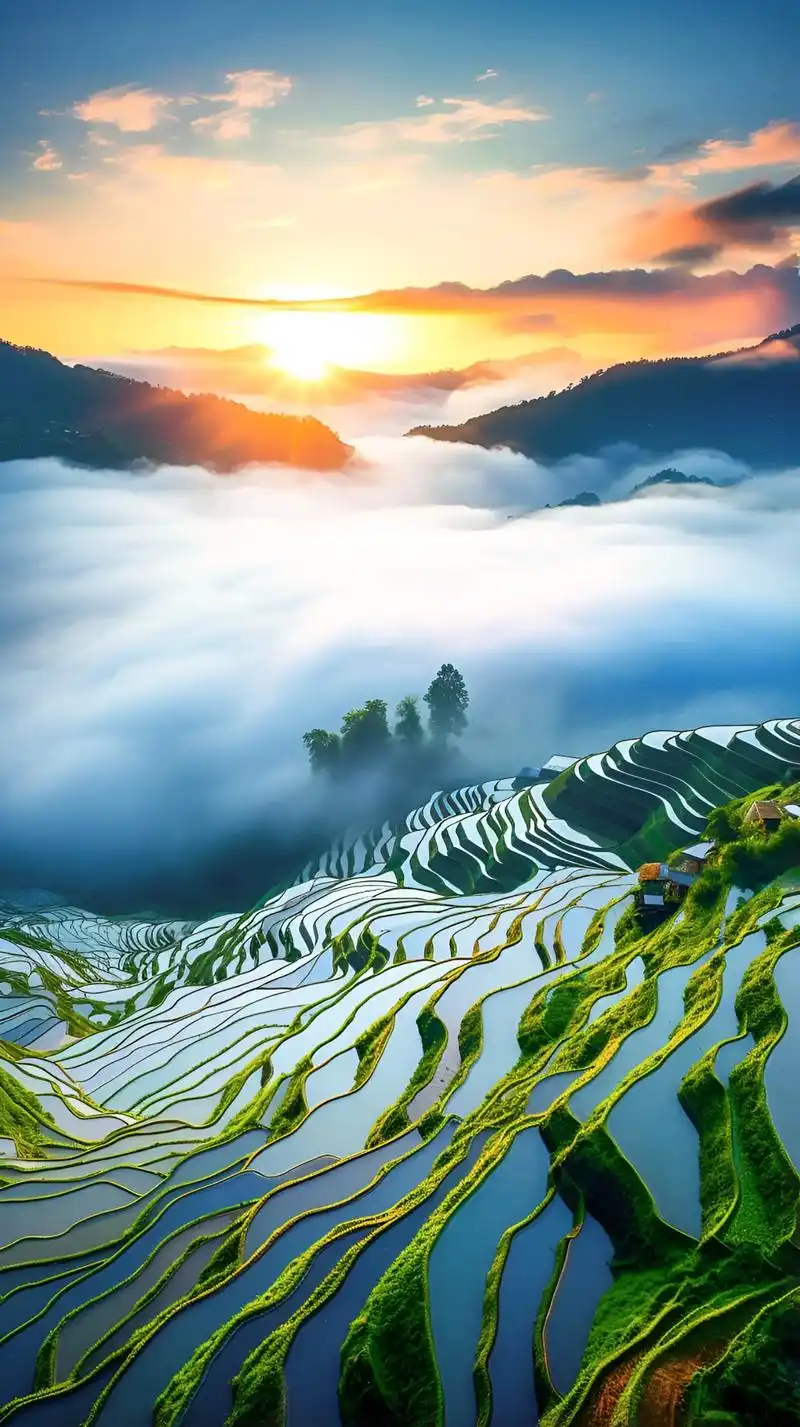 群山起伏,云雾缭绕,层层梯田级级攀升,静静的山村隐约可见.听 - 抖音