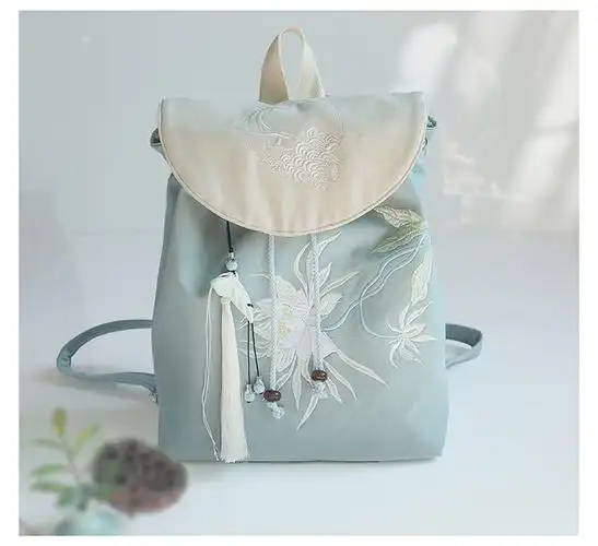 古风汉服森系文艺刺绣抽绳帆布双肩背书包女淡紫粉梅竹刺绣背包粉拼