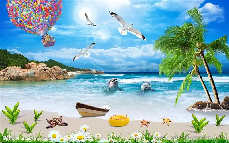 3d现代蓝天海滩电视背景墙壁画图片