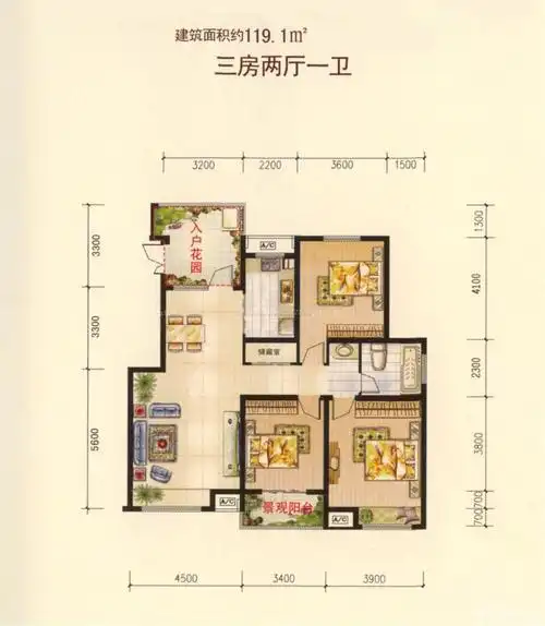 120平三房两厅一卫户型图