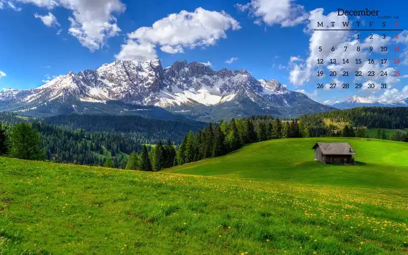 2016年12月蓝天白云绿草护眼日历高清壁纸下载