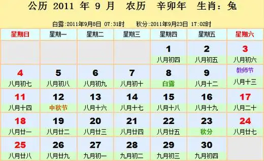 2011年日历表2011年农历阳历表