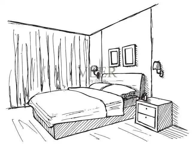 手绘草图室内的线性草图草图线间卧室矢量图插画图片素材