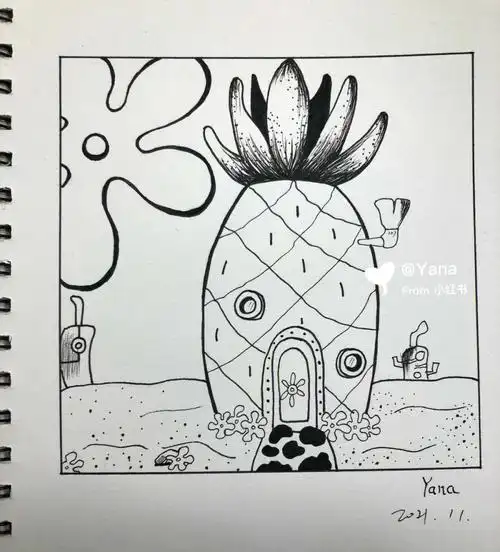 no31黑白简笔插画海绵宝宝菠萝屋