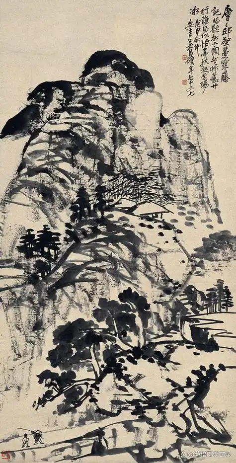 他还会画山水,吴昌硕《秋山渔隐》