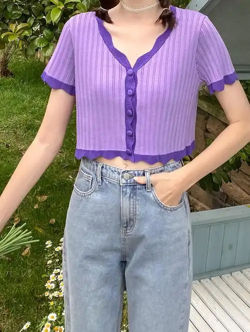 忌平庸女装宽松薄款针织衫女2020新款少女紫色短款v领半袖外穿上衣潮