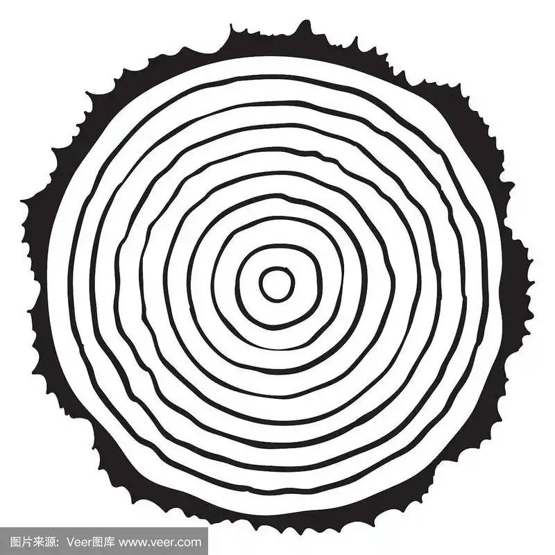 黑色和白色的木头与同心圆的年轮和树皮.向量